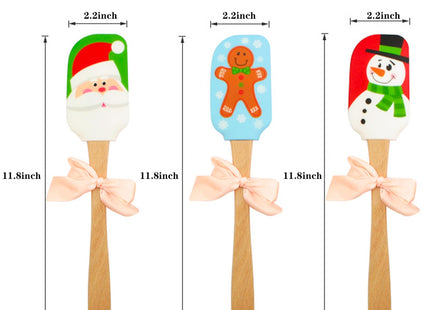 Silicone Spatula, Caliamary 3 Pieces Kitchen Silicone Spatula Set, Christmas Cake Decorating Spatula with Wooden Handle, Snowman Gingerbread Man and Santa Claus Pattern (Snowman)