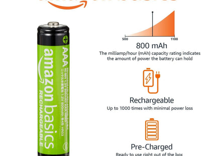 Amazon Basics 24-Pack Rechargeable AAA NiMH Batteries, 800 mAh, 1.2V, Low Self-Discharge, Pre-Charged, Recharge up to 1000x Times