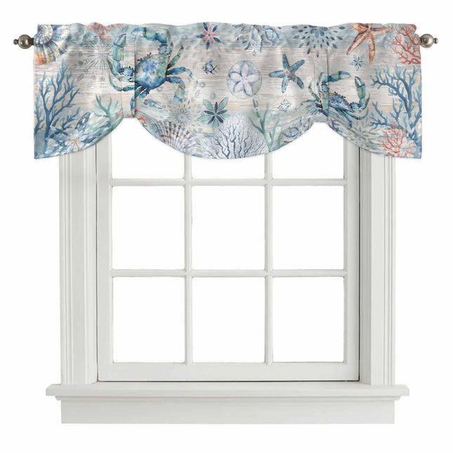 RisQiten Coastal Crab Tie Up Valance Curtains for Windows, Nautical Summer Beach Kitchen Curtains Window Treatments, Ocean Starfish Coral Vintage Short Shades Valances for Bedroom Bathroom 54"x18"
