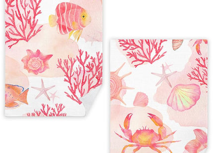 JINYO Pink Coral Ocean Beach Kitchen Towels Set of 2, Red Seashell Coral Coastal Beach Hand Towels for Bathroom Kitchen Decor, Nautical Decorative Dish Tea Towels