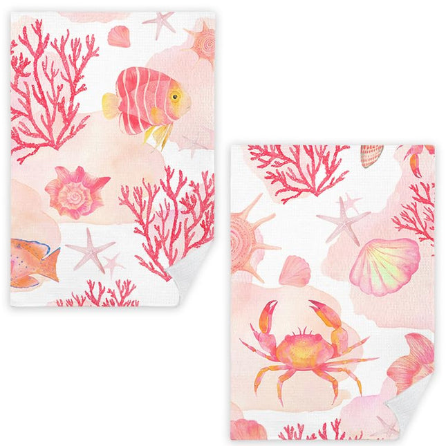 JINYO Pink Coral Ocean Beach Kitchen Towels Set of 2, Red Seashell Coral Coastal Beach Hand Towels for Bathroom Kitchen Decor, Nautical Decorative Dish Tea Towels