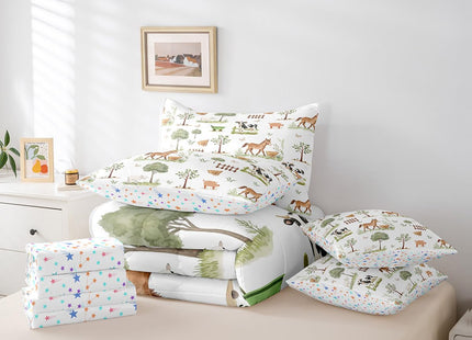 Erosebridal 7 Pcs Cute Farm Animals Kids Comforter Set Cartoon Horse Sheep Cow Pig Twin Bedding Set for Child Rustic Farmhouse Cabin Comforter Woodland Animal Trees Top Sheet for Boys Girls Bedroom