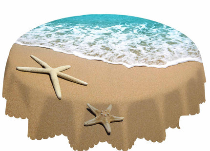AOYEGO Summer Beach Round Tablecloth 60 Inch Sea Wave Starfish On Sand Table Cloth Polyester Tablecloths for Home Decor, Parties, Picnic