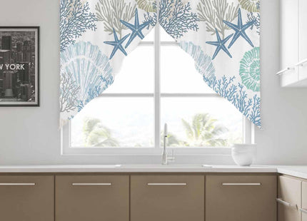 TweetyBed Swag Curtain Valances Nautical Coastal Ocean Coral Swag Kitchen Curtains Valances for Windows Starfish Beach Blue Teal Window Curtain Tiers for Kitchen Bedroom Living Room 56" W x 36" L