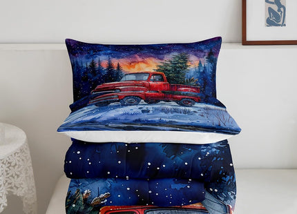 Red Truck Kids Comforter Set Twin Size,Christmas Tree Snowflake Bedding Set for Teens Boys Girls Room Decor,Woodland Nature Scenery Quilt Set 2Pcs,Merry Christmas Theme Duvet Insert,1 Pillowcase