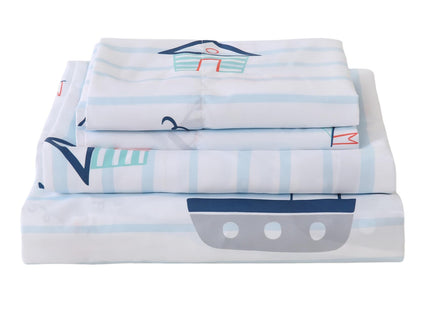Full Sheet Set Kids Nautical Sailboat Themed Bed Sheet for Boys 4 Pieces