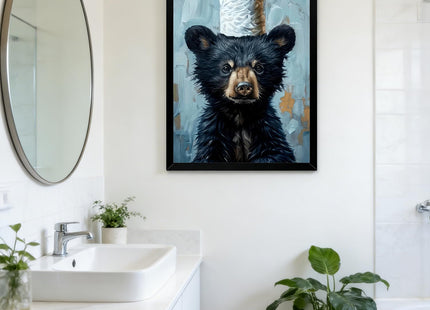 Framed Funny Black Bear Bathroom Canvas Wall Art Adorable Bear with Toilet Paper Painting picture Wall Decor Cute Animal Poster Print Artwork for Bathroom Modern Nursery Humor Home Decor 12x16 in
