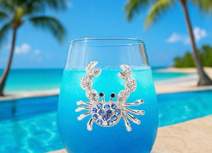 THE QUEENS' JEWELS - Blue Crab Stemless Wine Glass, 21 oz. - Coastal Elegance with Rhinestone Sparkle - Hand-Decorated Glassware - Not Painted - Dazzling and Unique