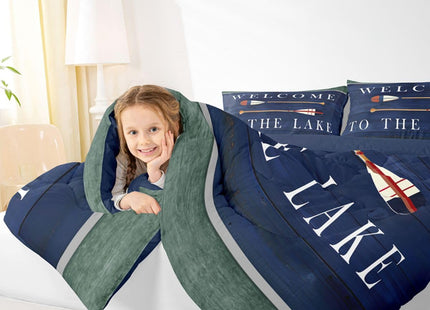 Kids Lake House Comforter Set Twin, Retro Paddle Wooden Bedding Sets For Kids Boys Teens Adult,Rustic Farmhouse Duvet Sets Old Barn Lake Paddle Decor Bedding Comforters Gift For Lake Lover,Dark Blue