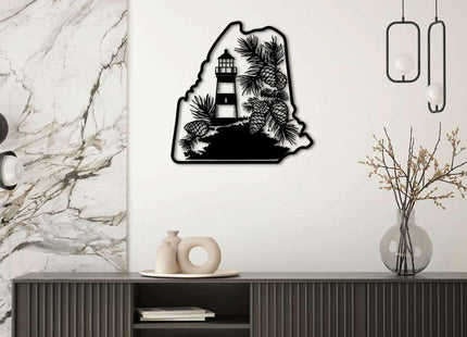 Maine Lighthouse and Pine Cones Metal Wall Art Metal Outdoor Decor Metal Signs Rustic Farmhouse Style Stunning Wall Decor Elegant Home Decoration for Living Room Bedroom (Black,16inch)