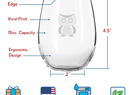 Cute Owl Wine Glass Set of 4 | Stemless Wine Glasses with 4 Unique Loveable Owls | 15 oz. Owl Decor Glasses | Makes Fun Owl for Women | Great Owl Kitchen Decor or New Home Gift Ideas | USA Made