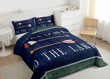 Kids Lake House Comforter Set Twin, Retro Paddle Wooden Bedding Sets For Kids Boys Teens Adult,Rustic Farmhouse Duvet Sets Old Barn Lake Paddle Decor Bedding Comforters Gift For Lake Lover,Dark Blue