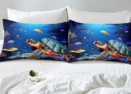 Coastal Beach Theme Kids Printed Sheet Set Twin Deep Pocket,Sea Turtle Sheets & Pillowcase Sets,3 Piece Ultra Soft Fish Summer Cool Microfiber Bed Sheets+Reptile Flat Sheet+ Ocean Fitted Sheet
