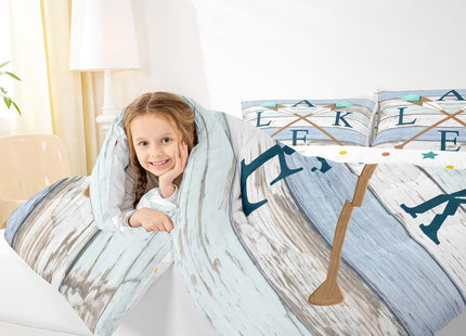 Castle Fairy Rowing Oar Comforter Set for Kids Room Decor Blue Brown Wooden Stripes Bedding Comforter Twin Size Lodge Cabin Rustic Style Soft Polyester Quilt Set with 1 Pillowcase