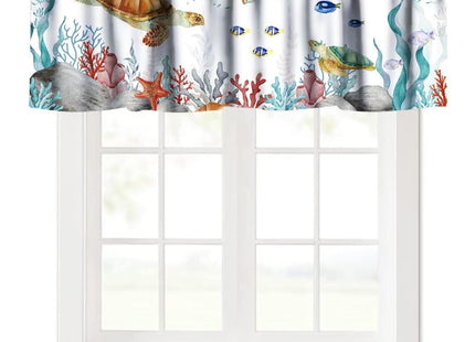JanJCurt Sea Turtle Window Valance, Teal Blue Ocean Underwater Animal Starfish Fish Nautical Coastal Rod Pocket Short Curtain Valance for Living Room Bathroom Kitchen, 54x18in