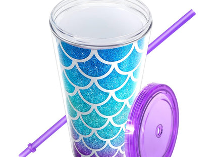 Home Tune 22oz Cute Glitter Tumbler Cups with Lid and Straw, Mermaid