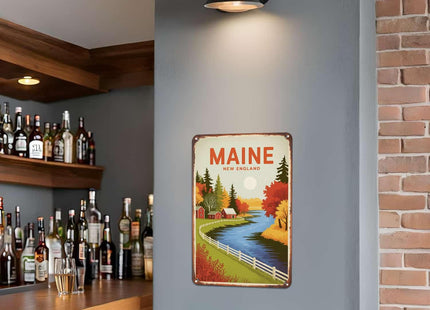 Maine Travel Poster Tin Sign Rustic New England Wall Decor (8X12 IN)