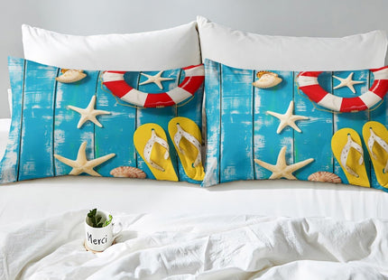 Ocean Themed Bed Sheets Set Full, Rustic Farmhouse Sheet Set, Coastal Lodge Cabin Flat Fitted Sheet, Starfish Seashell Sheets, Life Buoy Flip Flops Printed Bed Set 4Pcs with 2 Pillow Cases