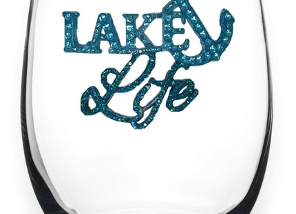 THE QUEENS' JEWELS Lake Life Jeweled Stemless Wine Glass, 21 oz. - Unique Gift for Women, Birthday, Cute, Fun, Not Painted, Decorated, Bling, Bedazzled, Rhinestone