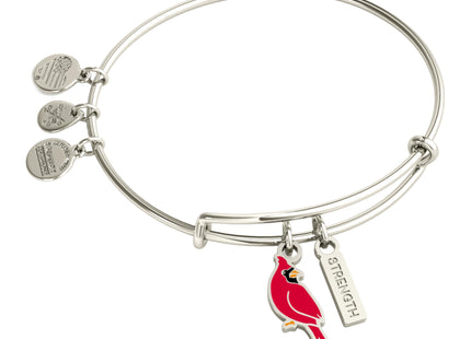 ALEX AND ANI 'Strength' Cardinal Duo Charm Bangle Bracelet - Red Cardinal Charm, Inspirational 'Strength' Accent, Nickel-Free, Cardinal Jewelry for Women (Shiny Silver)