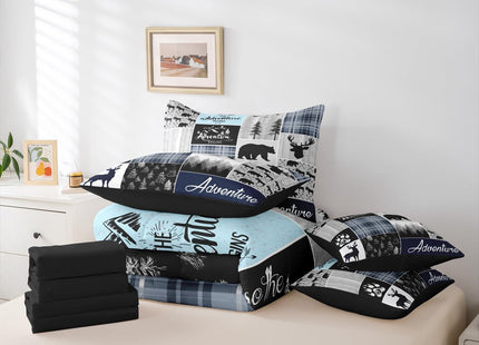 Boys Deer Bedding Set, Bear Moose 7 Pieces Bed In A Bag - 1 Rustic Cabin Lodge Comforter,1 Woodland Animal Fitted Sheet, 1 Retro Farmhouse Flat Sheet, 2 Pillow Cases, 2 Throw Pillow Covers, Full