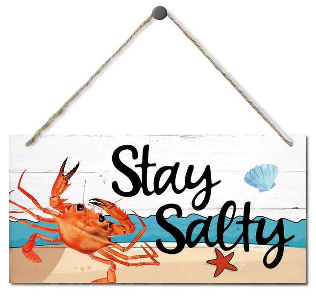 Stay Salty Sign Decor, Hanging Wood Sign Home Decorative, Printed Wood Wall Art Sign, Crab Hanging Sign, Seaside Cottage Decor, Ocean Theme Decor, Coastal Decorations for Home or Beach House