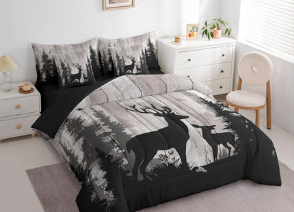 Erosebridal Deer Family Bedding Set Twin Retro Wooden Farmhouse Comforter Set 7 Piece Hunting Rustic Animal Bed in A Bag for Kids Girls Western Forest Wildlife Hunting Quilt with Flat Fitted Sheet