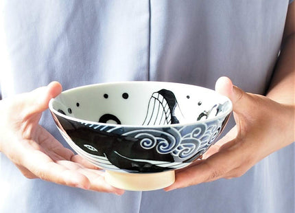 Minorutouki Rice Bowl Extra Large White Wave Whale Blue φ5.8×H2.6in 7.76oz Made in Japan