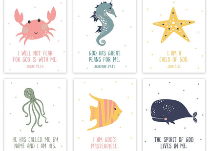 Andaz Press Christian Bible Verses Quotes Nursery Kids Room Unframed Hanging Wall Art Poster Home Decor, 8.5x11-inch, Ocean Sea Marine Life Animals Nautical Theme, Octopus, Crab, 6-Pack, No Frames