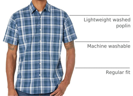 Amazon Essentials Men's Regular-Fit Short-Sleeve Plaid Casual Poplin Shirt, Navy Medium, Large