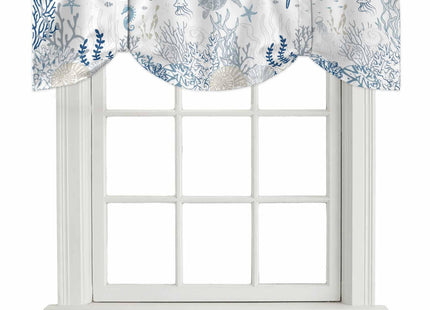 Blue Sea Turtle Tie Up Valance Curtain for Kitchen Living Room Bedroom Bathroom Cafe, Rod Pocket Small Short Window Drape Panel Adjustable Drapary Print, Coastal Ocean Coral Seaweed Jellyfish 54"x18"