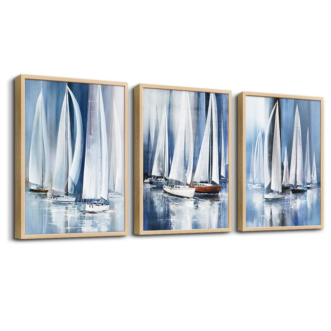 Wall Decorations For Living Room Natural Wood Framed Wall Art For Bedroom Office Wall Decor Wall Hanging Decor Abstract Seascape Sailboat Artwork For Wall Painting Print Pictures Home Decor 3 Piece