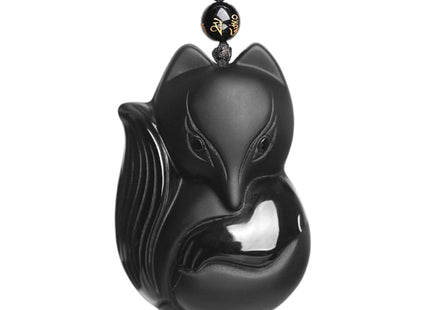 ASGIFT Lucky Fox Necklace Black Obsidian Big Fox Animal Amulet Protection Pendant with Adjustable Beads Chain Natural Crystal Fox Necklaces Jewelry For Women Men