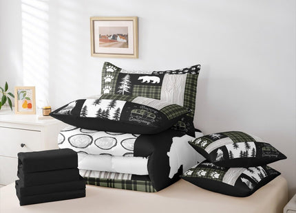 Erosebridal 7Pc Rustic Cabin Bear Queen Comforter Set with Sheets, Hunting Wolf Country Bedding Sets, Camping RV Camper Patchwork Quilts, Green Black Buffalo Plaid Bed in a Bag (Fitted + Flat Sheet)