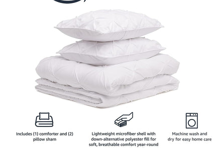 Amazon Basics Soft, Lightweight Down-Alternative Comforter Set, 3-Piece Pinch-Pleat Bedding Set with Piped Edges, Full/Queen Size, Bright White