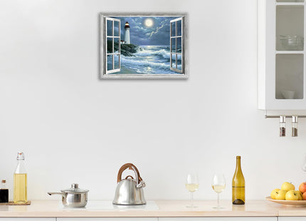 Lighthouse Nautical Wall Art Coastal Beach Pictures Wall Decor Ocean Canvas Prints Window Decorations Painting Framed Artwork Office Home Decor For Bathroom Bedroom Dining Living Room 16"x12"