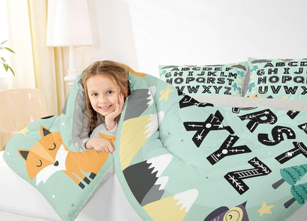 Feelyou Alphabet Kids ABC Learning Comforter Set All Season Cute Fox Bedding Set with 1 Pillow Cases Educational Nursery Art Kids Toddler Bedclothes Woodland Animals Bedroom Decor Duvet Quilt