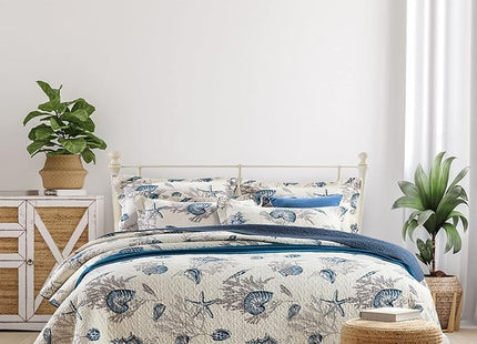 LIVILAN Nautical Theme Bedspread 3-Piece Reversible Queen Quilt Set, Cotton Fabric All-Season Coastal Beach Quilts Coverlet Set, Navy Blue Quilt (90 X 98 '') 2 Pillowcases (20 X 27'')