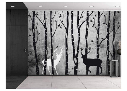 wall26 - Trees and Deer Illustrations Over a Grungy Texture Background - Wall Mural, Removable Vinyl Wallpaper, Home Decor - 66x96 inches