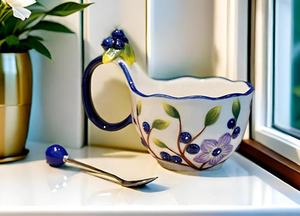 17.64 Oz Microwave Safe Soup Bowl with Loop Handle, Hand Painted Relief Blueberry Decor Mug Big Handle, Ceramic Soup Bowl with Spoon Set for Holding Fruits Cereal Snack, Milk,Ice Cream,Olive and Salsa