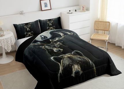 Castle Fairy Wild Animals Comforter Set Full Size,Bear Deer and Eagle Bedding Sets 3Pcs for Kids Boys Teens Adult Room Decor,Wildlife Hunting Quilt Set Dark Pine Tree Print Duvet Insert,2 Pillowcases