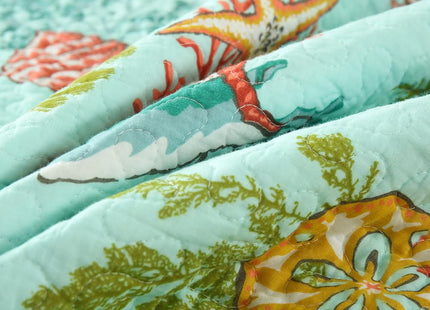 Autumn Dream Cotton Coastal Bedspread Quilt Sets Reversible Bedding Coverlet Sets Comforters, Fairytale Starfish Seashell Bedspread, Marine Green Ocean, King Size