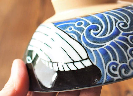 Minorutouki Rice Bowl Extra Large White Wave Whale Blue φ5.8×H2.6in 7.76oz Made in Japan