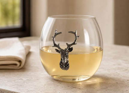 Vagabond House Elk/Deer Stemless Wine Glass, Premium Hand-Blown Crystal, Rustic Lodge Style, Perfect for Red/White Wine, 3.25" Tall, 8 oz - Sold as Single Glass