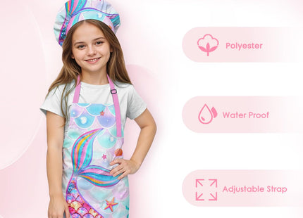 SANDJEST Mermaid Kid Apron for Girls with Pocket & Chef Hat, Polyester Baking Painting Gardening Apron, Gift for Christmas Birthday