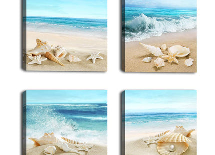 Canvas Wall Art Ocean Decor Beach Seashell Starfish Nature Picture Blue Canvas Artwork Turquoise Contemporary Wall Art for Bathroom Bedroom Living Room Office Kitchen Wall Decor 16" x 16" x 4 Pieces