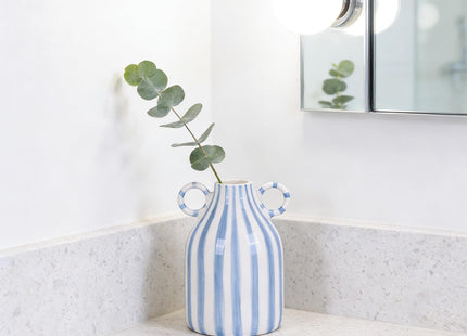 oliruim Ceramic Blue and White Striped Vase with Handle, Modern Minimalist Coastal Decor Home for Centerpieces for Tables, Kitchen Office, Bookshelf, Bedroom Aesthetic Decor (A)