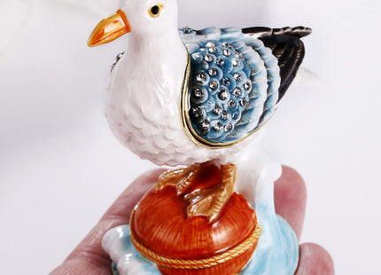 Hand Painted Enamel Seagull Trinket Box for Home Decor, Hinged Jewelry Organizer for Ring Earrings, Unique Figurine Keepsake Collectible Personalized Elegant Handmade Ornament Gifts (White Seagull)