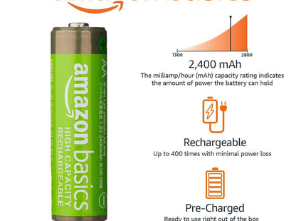 Amazon Basics 16-Pack Rechargeable AA NiMH High-Capacity Batteries, 2400 mAh, 1.2V, Low Self Discharge, Pre-Charged, Recharge up to 400x Times