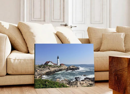 Canvas Wall Art Prints Lighthouse Head Light Portland Maine New England Rocky Shore Poster for Living Room Bedroom Home Office Kitchen Hallway Background Wall Decor Framed (Framed,12x18 inch)